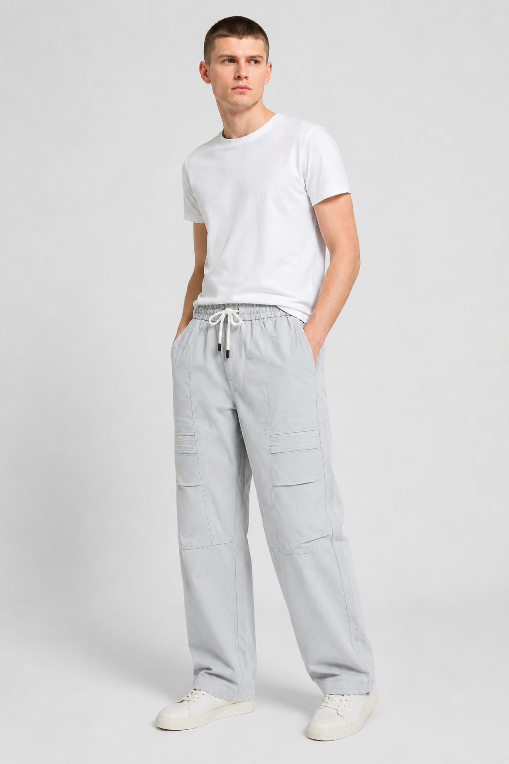 Baggy Fit Textured Cotton Trousers